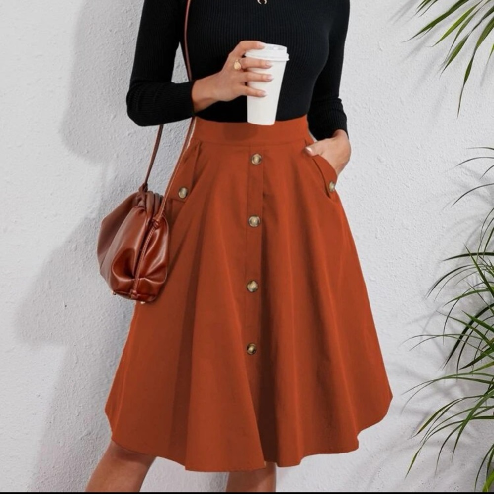Classic Burnt Orange  Button Detail Pocket Midi Skirt Work - Picture 2 of 16